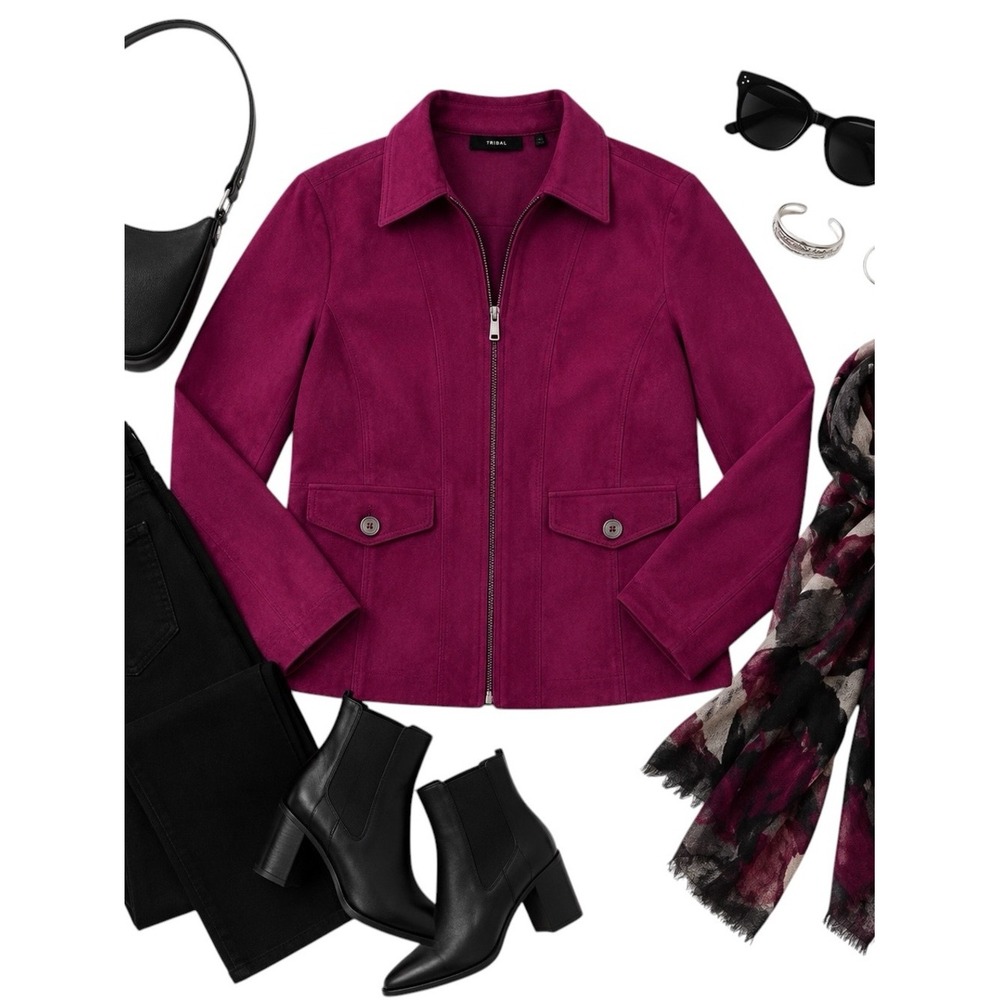 Tribal Faux Suede Zip Front Jacket Magenta Purple Women's Size 6 Career Coat GUC
